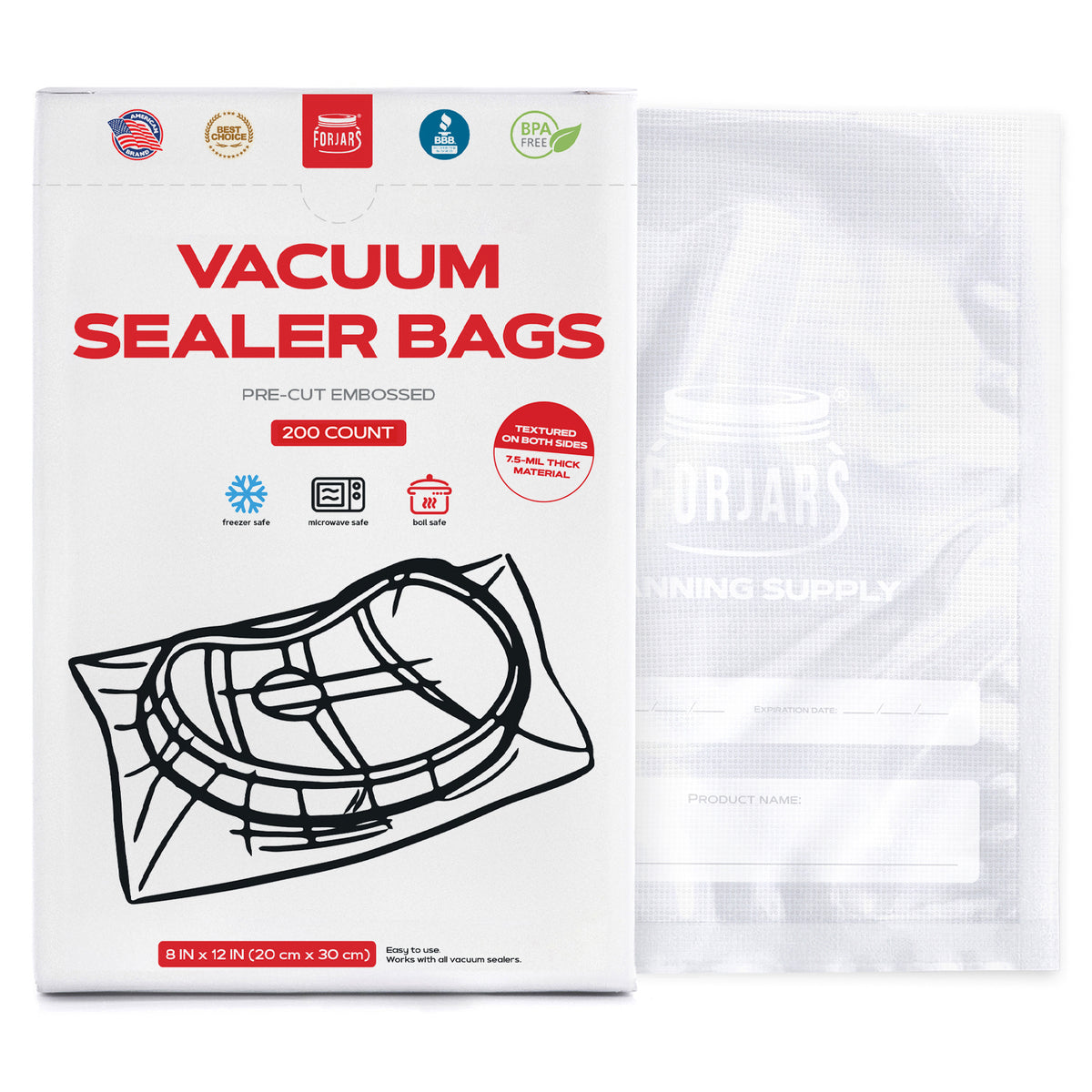 200 Count 8x12 Vacuum Sealer Bags - Textured on Both Sides, 7.5 Mil Thickness