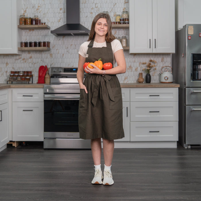 Apron — Adjustable Fit Cotton-Linen & Denim Apron with Pockets, One Size Fits Most, 5 Colors