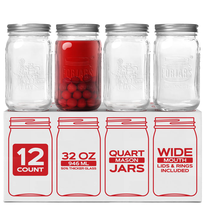 Premium Mason Jars – 32 oz (12-Pack) | Wide Mouth Glass Canning Jars